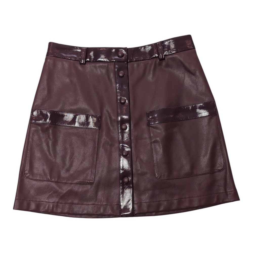 STAUD Paper Mini Skirt Women 12 Burgundy Faux Leather Patent Snap Front A-Line